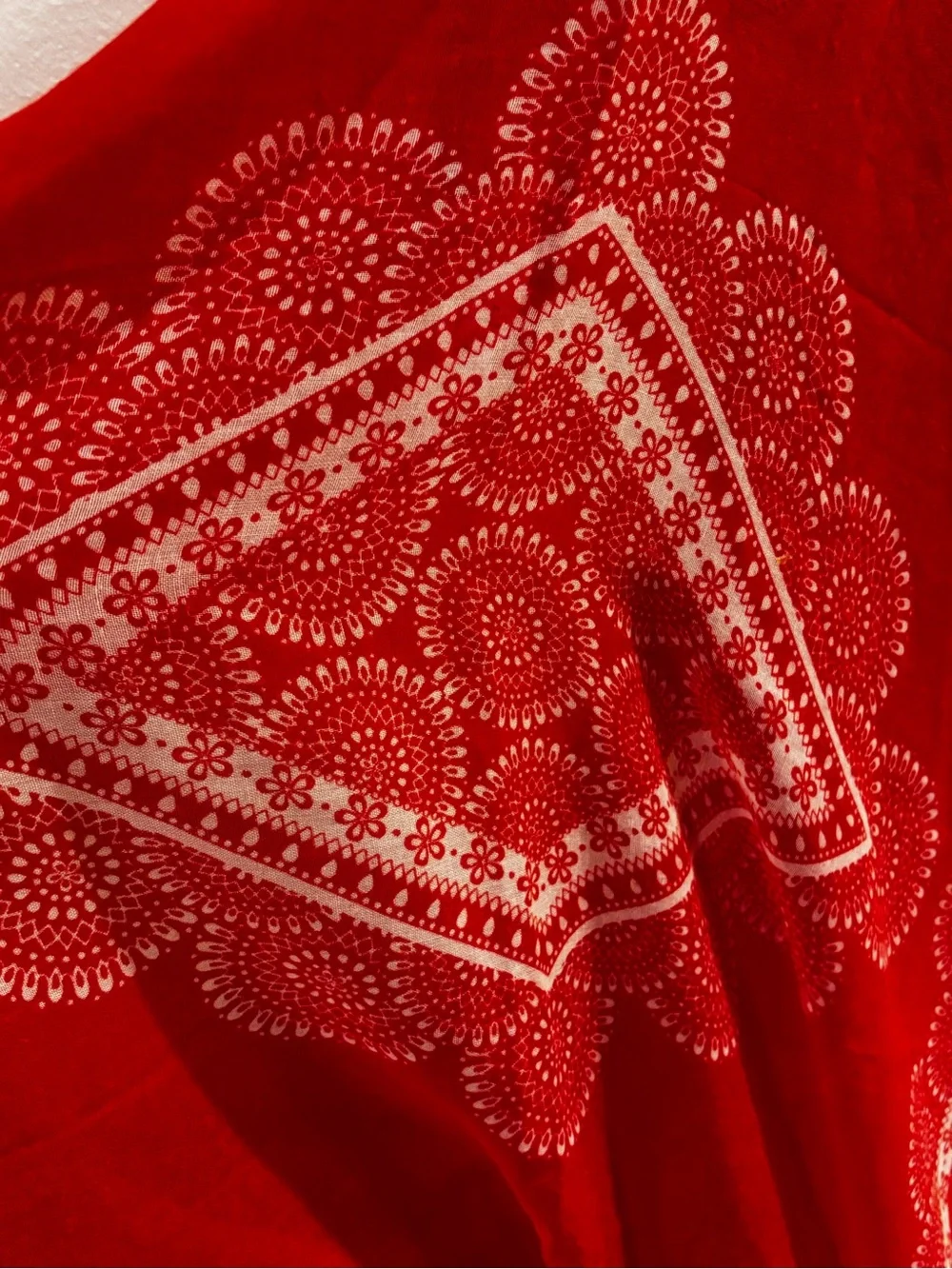 VTG vibrant red-and-orange lightweight infinity scarf with an ornate mandala